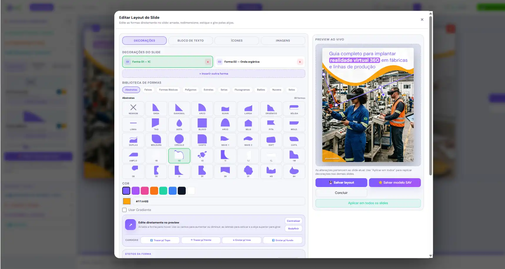 Editor de carrossel do Seu Agente Virtual com decorações, imagens, textos, ícones e controles de layout
