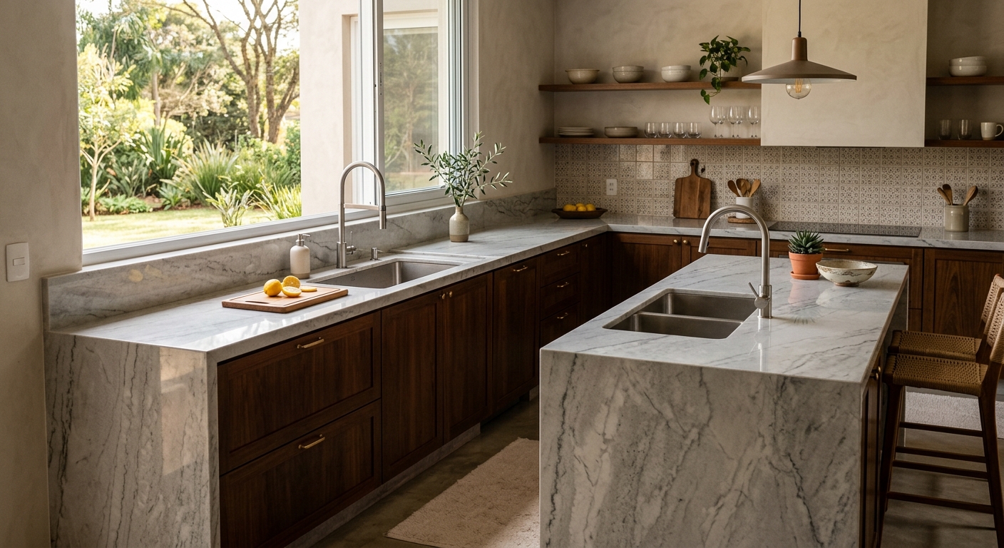 Dicas para planejar bancada de porcelanato que facilite a rotina de limpeza na cozinha